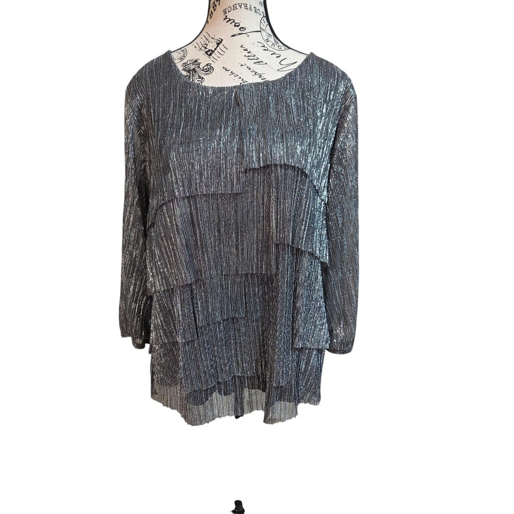 CJ Banks‎ Plus Size X Silver Metallic Tiered Tunic Top | Pleated Glam 14 W
